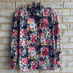 Lands' End Long Sleeve Button Front Collared Floral Cotton Shirt Women's Size 18